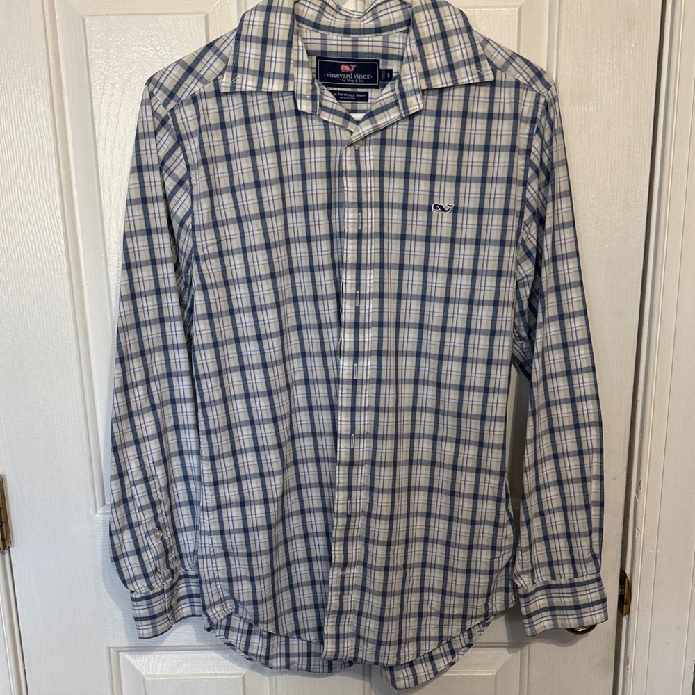 Vineyard Vines Men's White and Blue Plaid Button-Down Shirt